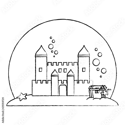 grunge medieval castle with coffer under water