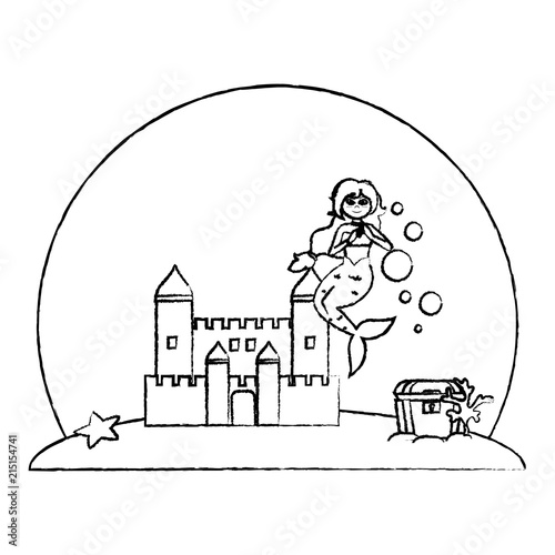 grunge siren woman under water with castle and coffer