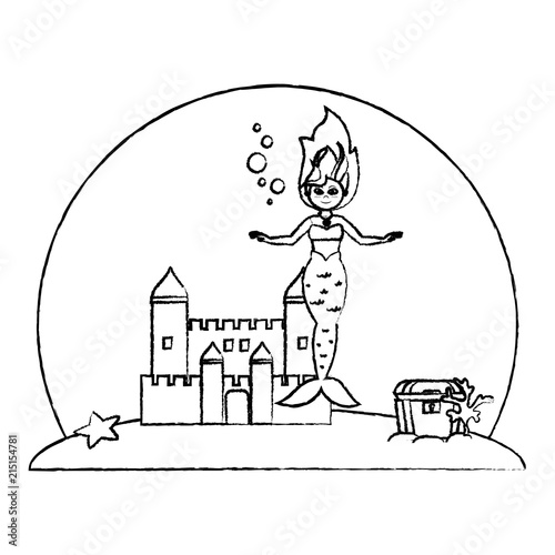 grunge mermaid under water with castle and coffer