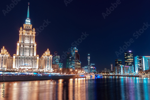 night city landscape quay of Taras Shevchenko view of the hotel Ukraine and Moscow city