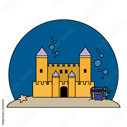 color medieval castle with coffer under water