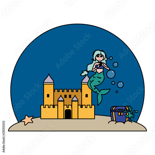 color siren woman under water with castle and coffer