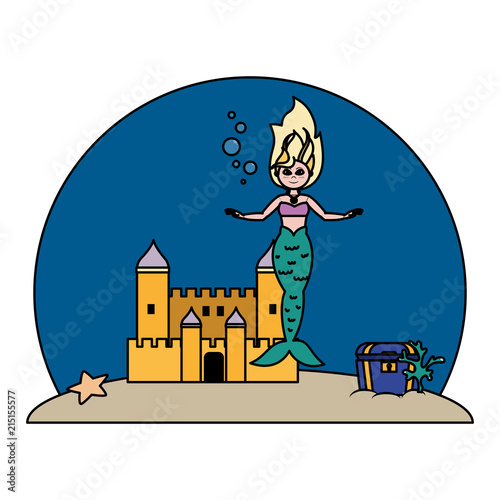 color mermaid under water with castle and coffer