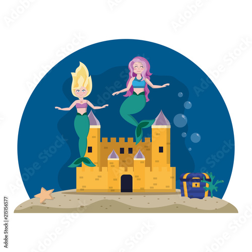 beauty mermaids under water with castle and coffer