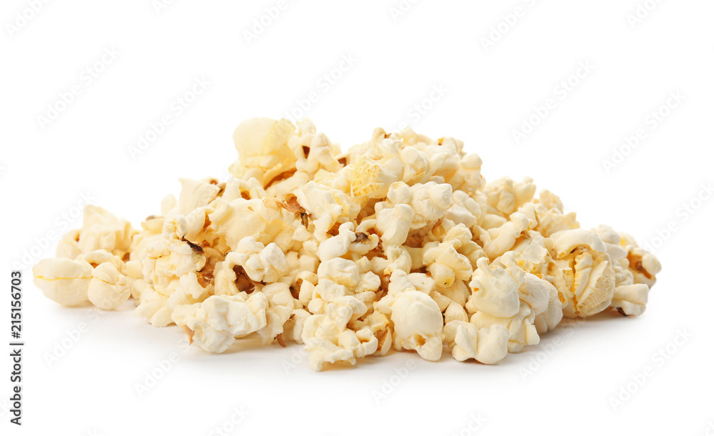 Pile of tasty fresh popcorn on white background