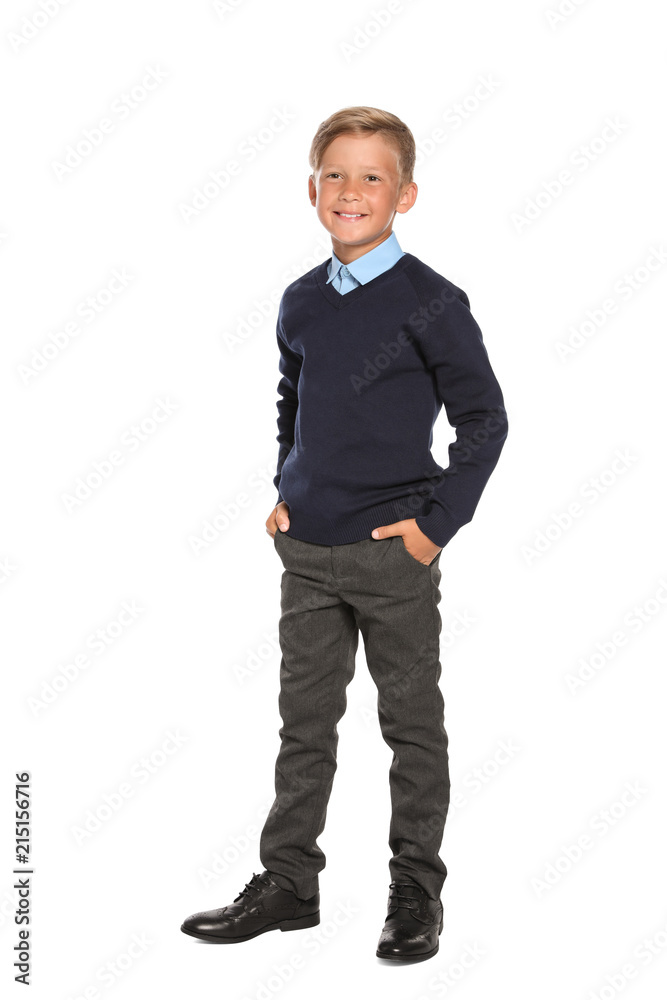 Little boy in stylish school uniform on white background Little boy in stylish school uniform on white background