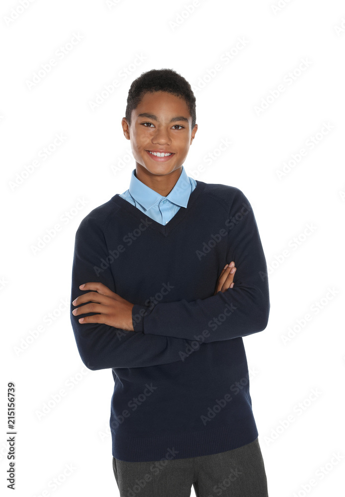 African American teenage boy in stylish school uniform on white background African American teenage boy in stylish school uniform on white background
