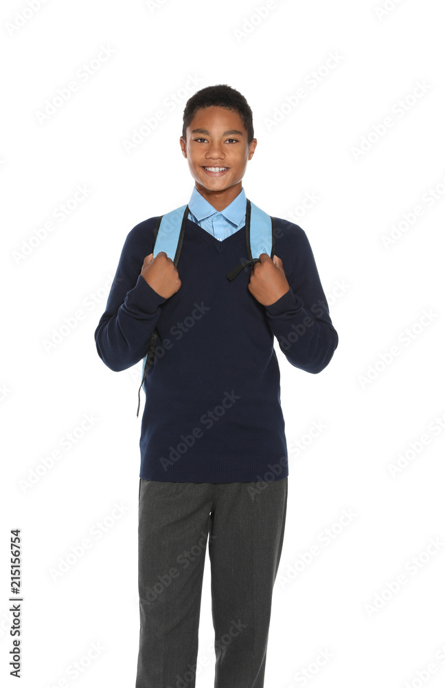 African American teenage boy in stylish school uniform on white background African American teenage boy in stylish school uniform on white background