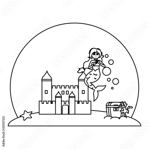line siren woman under water with castle and coffer