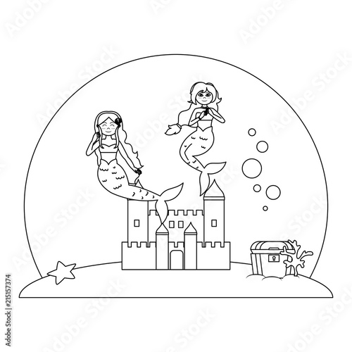 line nice mermaids under water with castle and coffer