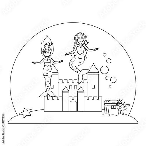 line beauty mermaids under water with castle and coffer