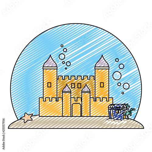 doodle medieval castle with coffer under water