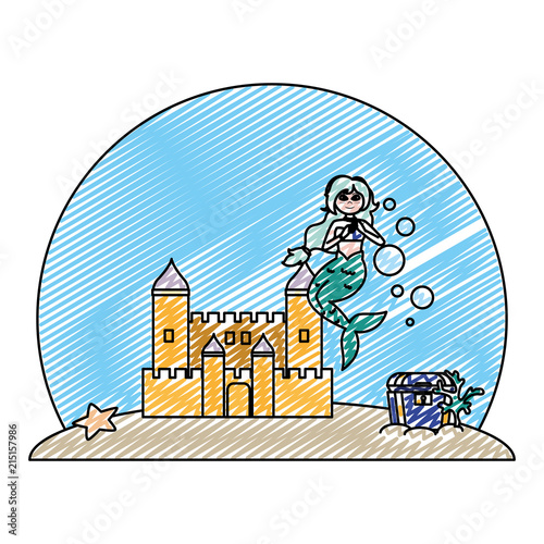 doodle siren woman under water with castle and coffer