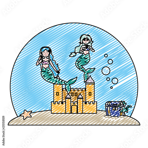 doodle nice mermaids under water with castle and coffer