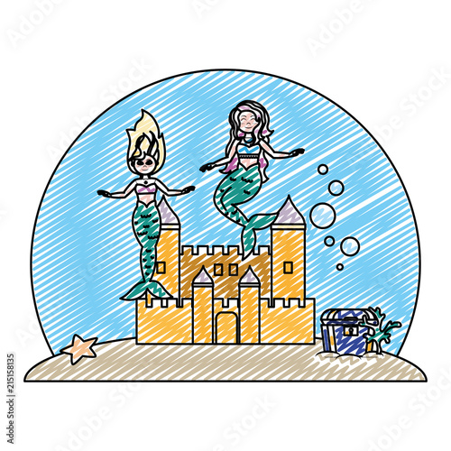 doodle beauty mermaids under water with castle and coffer