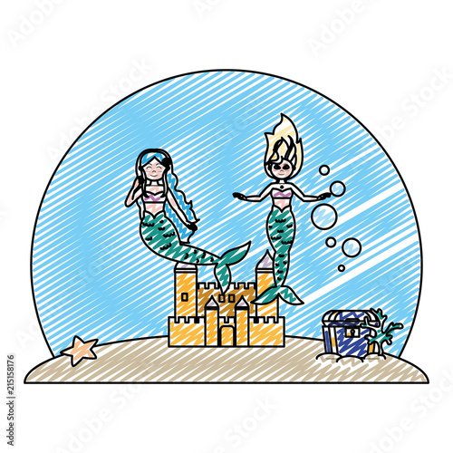 doodle pretty mermaids under water with castle and coffer