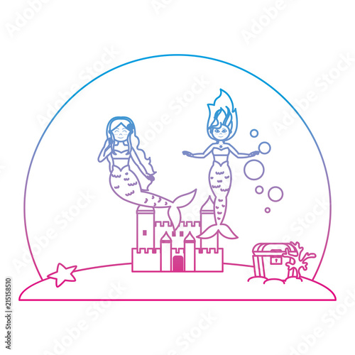 degraded line pretty mermaids under water with castle and coffer