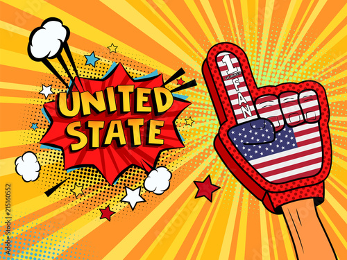 Sports fan male hand in glove raised up celebrating win of USA speech bubble with stars and clouds.  colorful pop art style fan illustration
