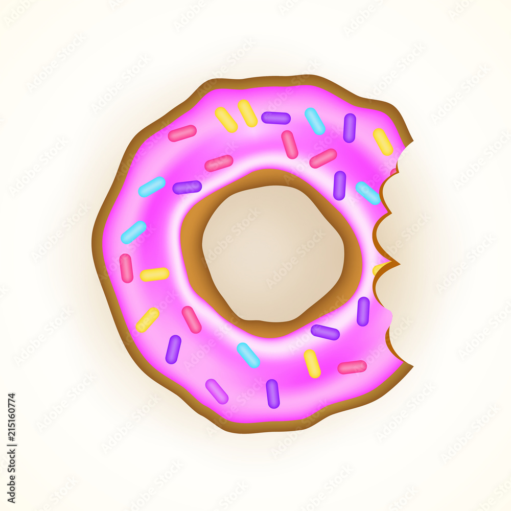 Bitten donut vector illustration isolated on white. Delicious sweet dessert  with pink frosting an sprinkles as tempting junk food symbol. Cute cartoon  style iced pastry. Stock Vector | Adobe Stock