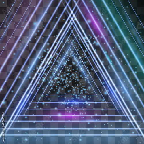 Retro disco style arcade game neon triangle in replicating pattern light effect on transparent background. Vintage club style glowing decorative illumination. Laser hypnotic sci fi geek portal.