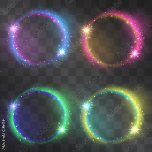 Neon round frame set, duo brilliance light effect. Circle comet trail with glowing tail of shining stardust sparkles illumination. Luxurious neon ring design on transparent background.