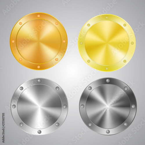 Shield or badge metallic decorative templates with rivets isolated on white. Silver, golden and bronze brushed surfaces. Blank award frames, industrial,  strong, masculine, severe style prize layout.