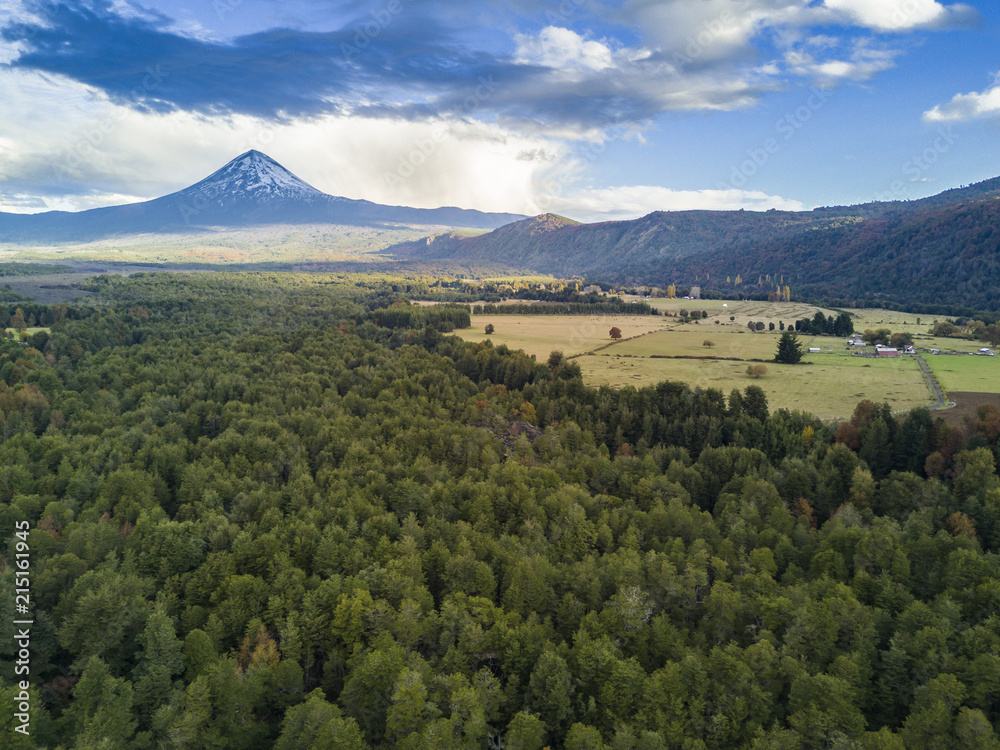 Aerial view of the amazing valleys at Conguillio National Park with the impressive Llaima Volcano dominating the park, Temuco, Chile