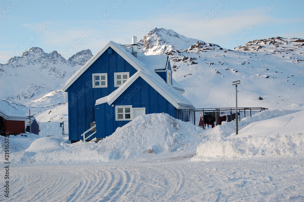 A house in the town of Tasiilaq (former: Ammassaliq) in East Greenland on the Tasillaq-Fjord. Shot in October.