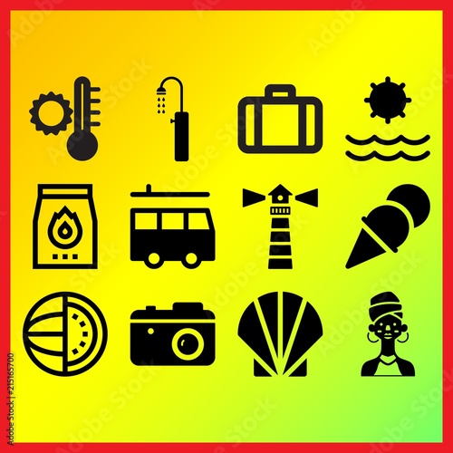 Ice cream, van and beach shower related icons set