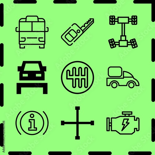 Simple 9 icon set of service related information, changing wheels tool, gearbox and chassis vector icons. Collection Illustration