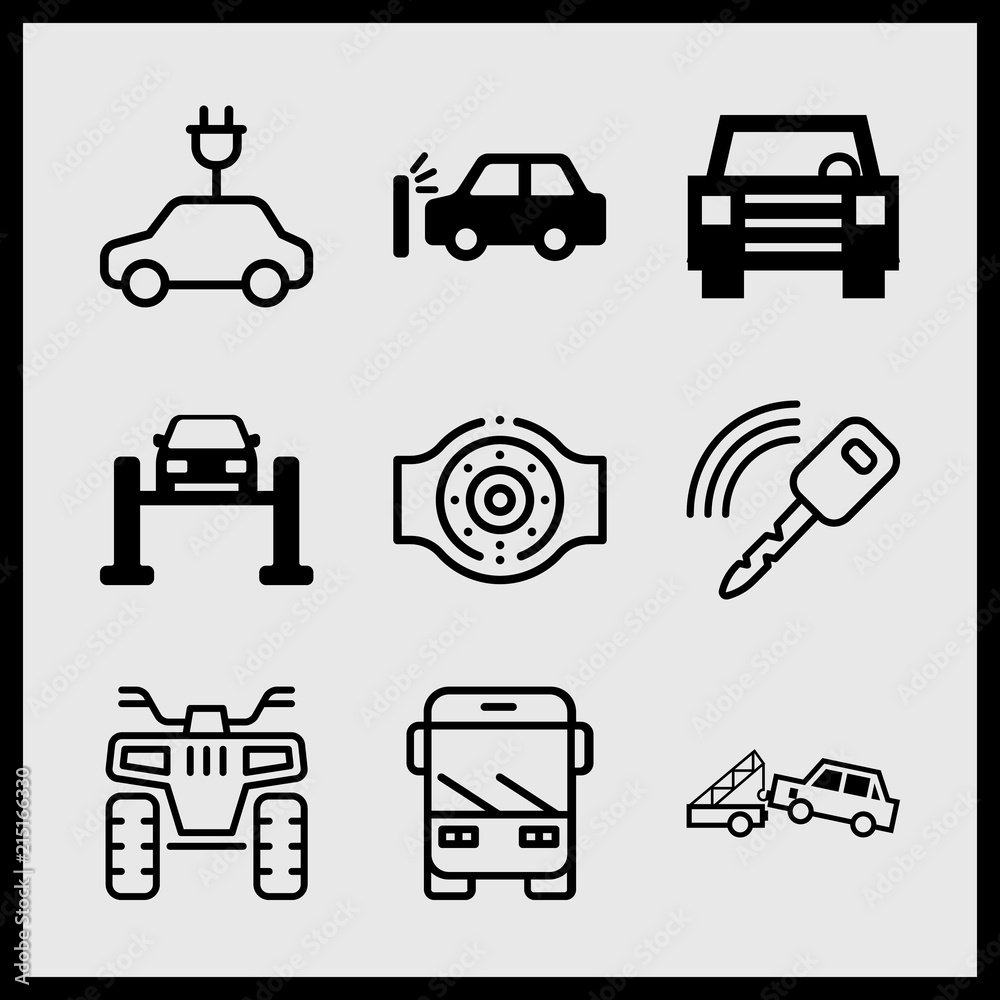 Simple 9 icon set of car related car key, car in service, bus and car engine vector icons. Collection Illustration Simple 9 icon set of car related car key, car in service, bus and car engine vector icons. Collection Illustration