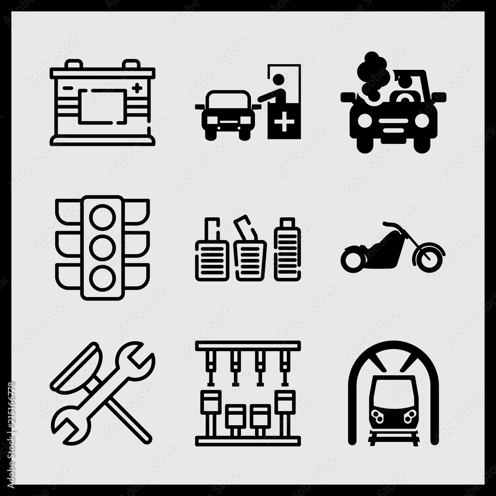 Simple 9 icon set of car related battery, train in a tunnel, pedals and car breakdown vector icons. Collection Illustration Simple 9 icon set of car related battery, train in a tunnel, pedals and car breakdown vector icons. Collection Illustration