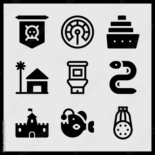Simple 9 set of Summer related jolly roger, cruise, food and courgette vector icons