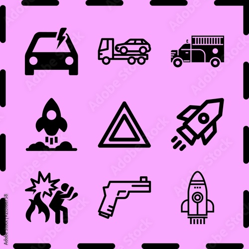 Simple 9 icon set of fire related hazard, evacuator, fire truck and rocket vector icons. Collection Illustration