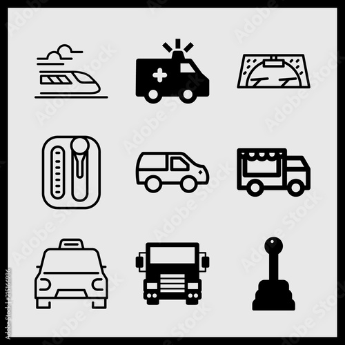 Simple 9 icon set of car related train, ambulance, delivery truck front and car vector icons. Collection Illustration
