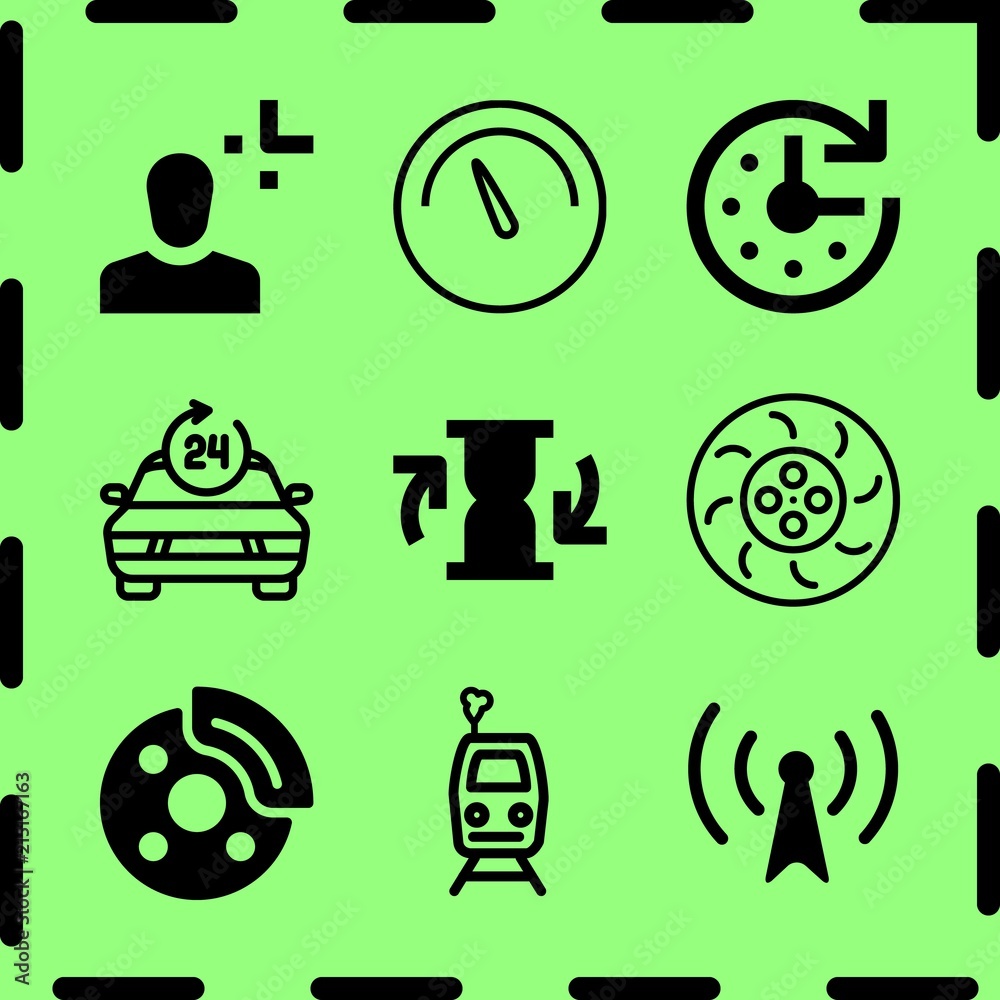 Simple 9 icon set of time related hours, hourglass, clock and public transport vector icons. Collection Illustration