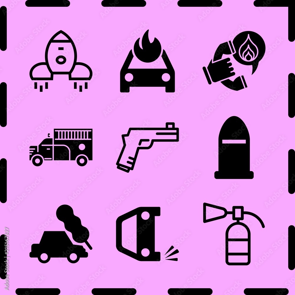 Simple 9 icon set of fire related bullet, burning car, overturned car and fire truck vector icons. Collection Illustration