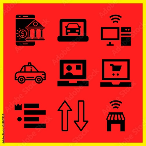 Simple 9 icon set of online related shop, cab, seo and car on laptop vector icons. Collection Illustration
