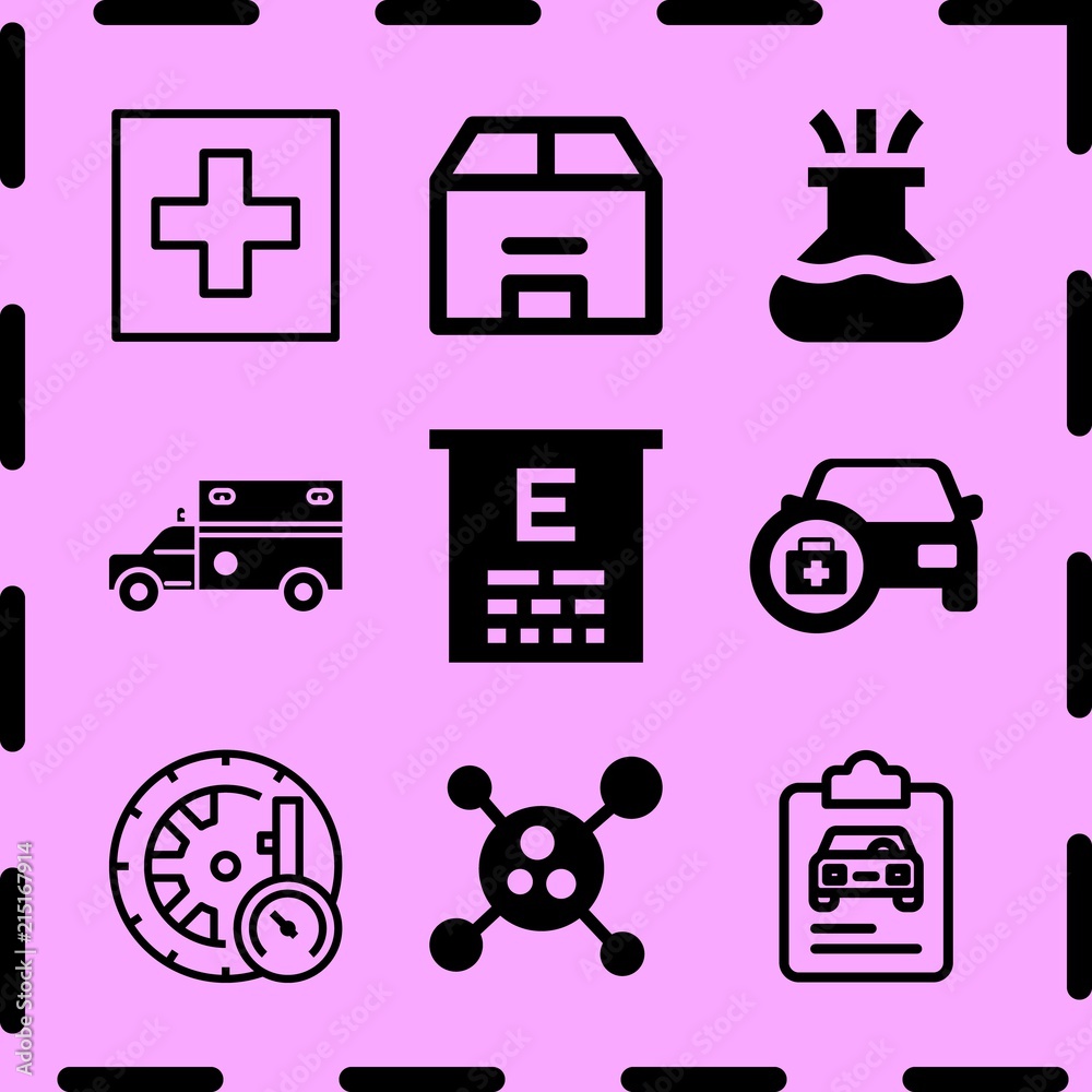 Simple 9 icon set of medicine related box, pharmacy, car with medicine and pressure vector icons. Collection Illustration Simple 9 icon set of medicine related box, pharmacy, car with medicine and pressure vector icons. Collection Illustration