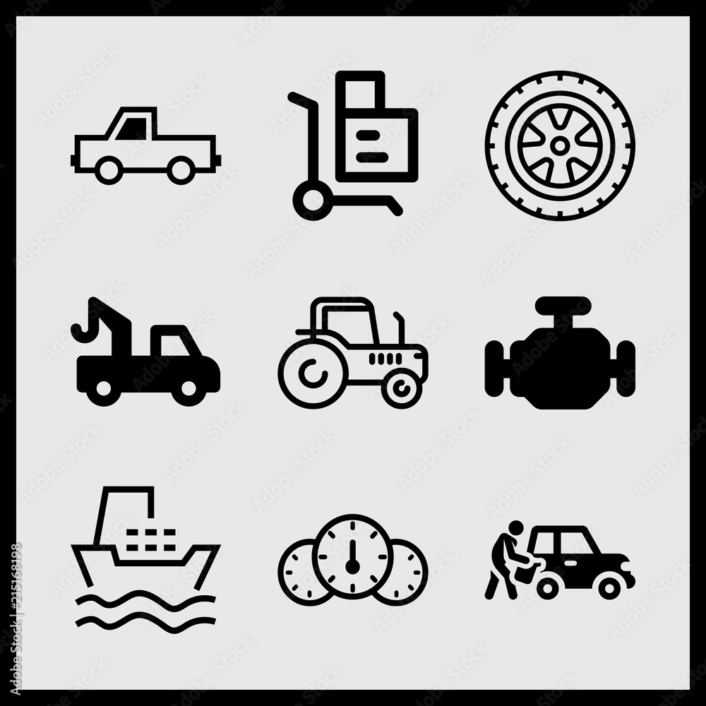 Simple 9 icon set of car related engine, car, car board and truck with hook lift vector icons. Collection Illustration