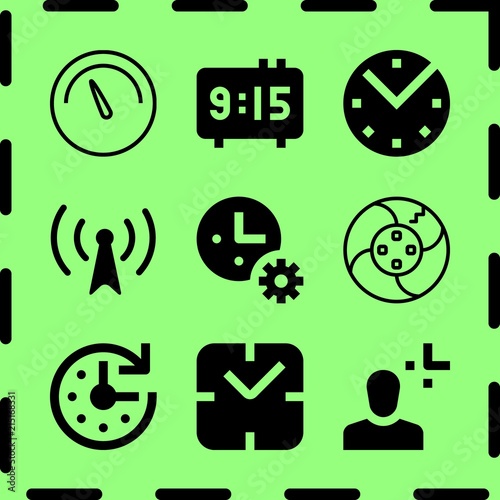 Simple 9 icon set of time related clock, digital clock, break and wall clock vector icons. Collection Illustration