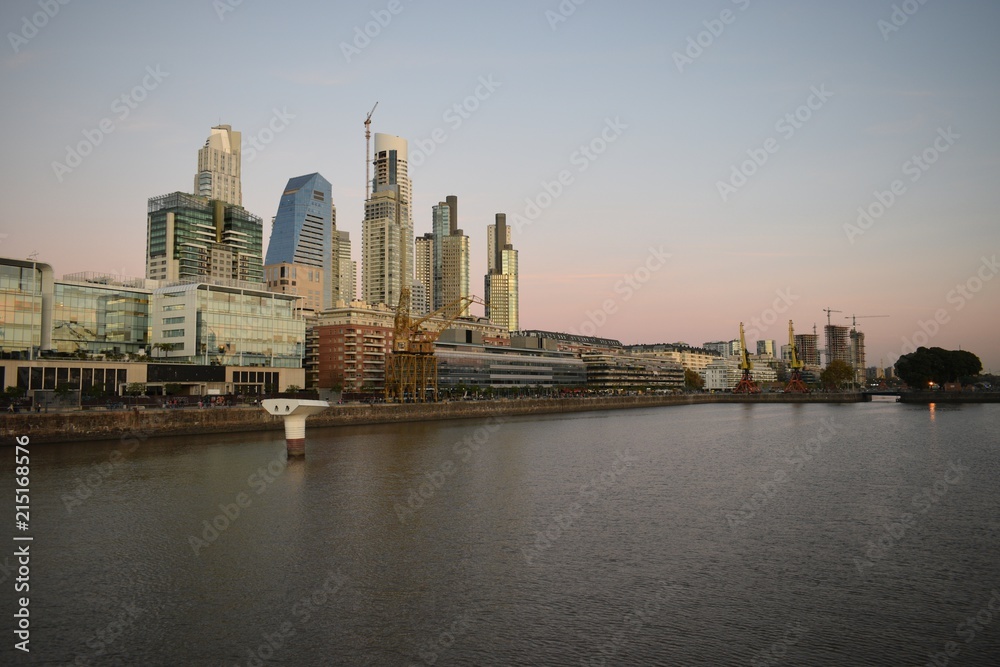 harbour and skyline of Puerto Madero at sunset, Buenos Aires, Argentina