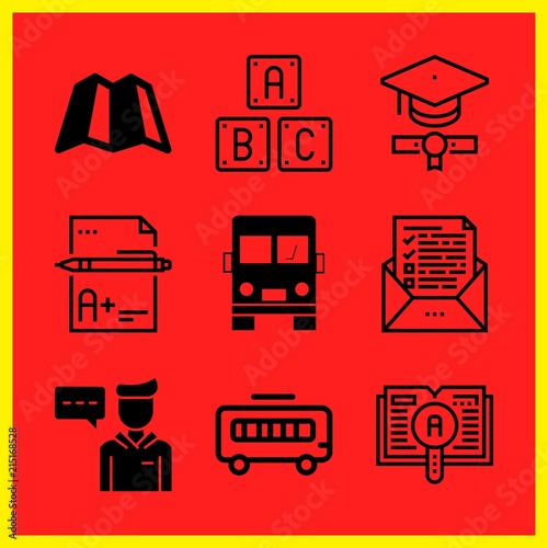 Simple 9 icon set of edication related school bus, abc, test and exam vector icons. Collection Illustration