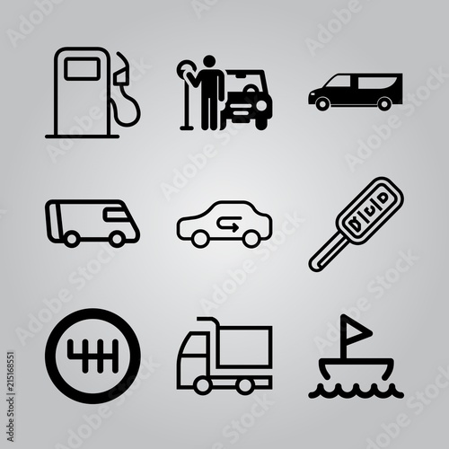 Simple 9 icon set of transport related change gear, truck, boat and car key vector icons. Collection Illustration