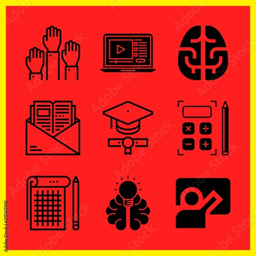 Simple 9 icon set of edication related lecture, brain, blackboard and book vector icons. Collection Illustration