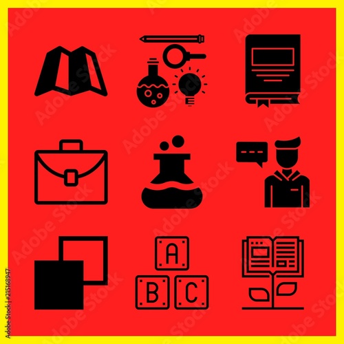 Simple 9 icon set of edication related case, book, flask and student vector icons. Collection Illustration