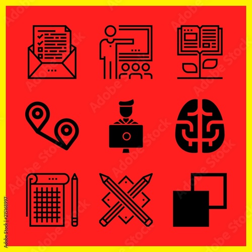 Simple 9 icon set of edication related classroom, student, test and notebook vector icons. Collection Illustration