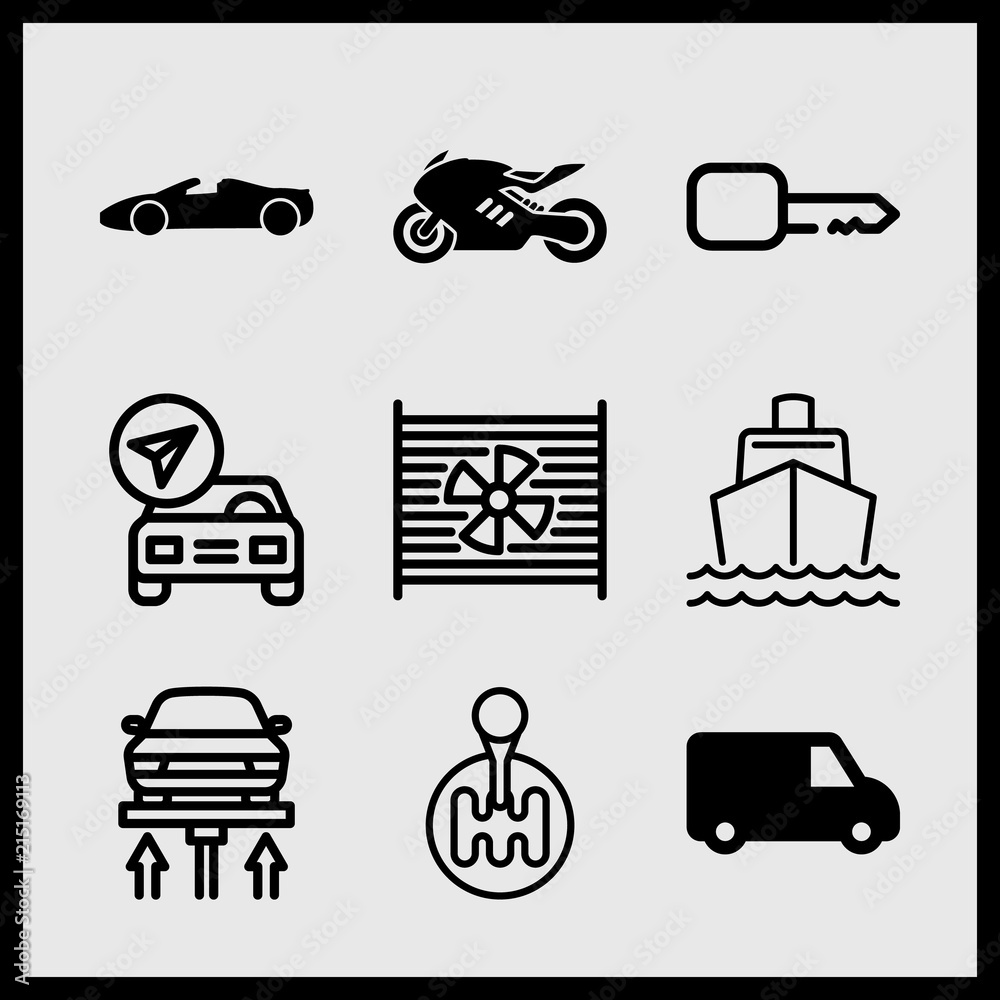 Simple 9 icon set of car related radiator, delivery van, autolift and car vector icons. Collection Illustration