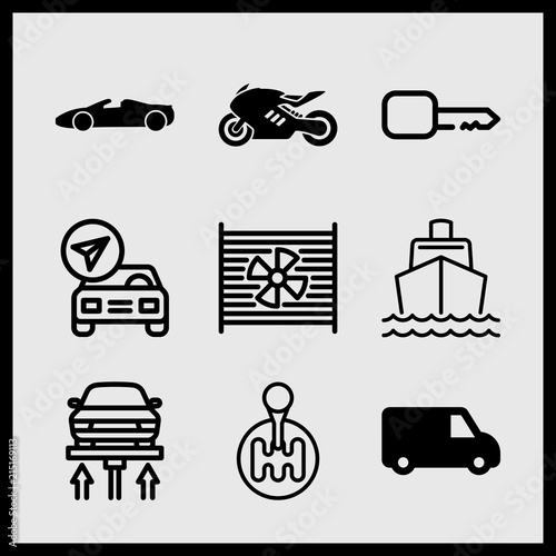 Simple 9 icon set of car related radiator, delivery van, autolift and car vector icons. Collection Illustration