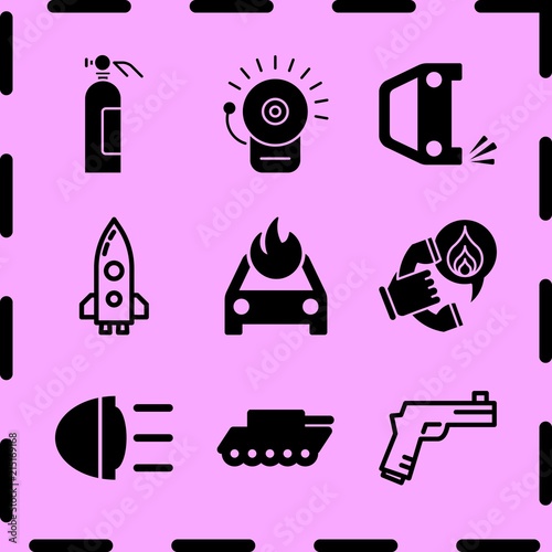 Simple 9 icon set of fire related extinguisher, war tank, gun and overturned car vector icons. Collection Illustration
